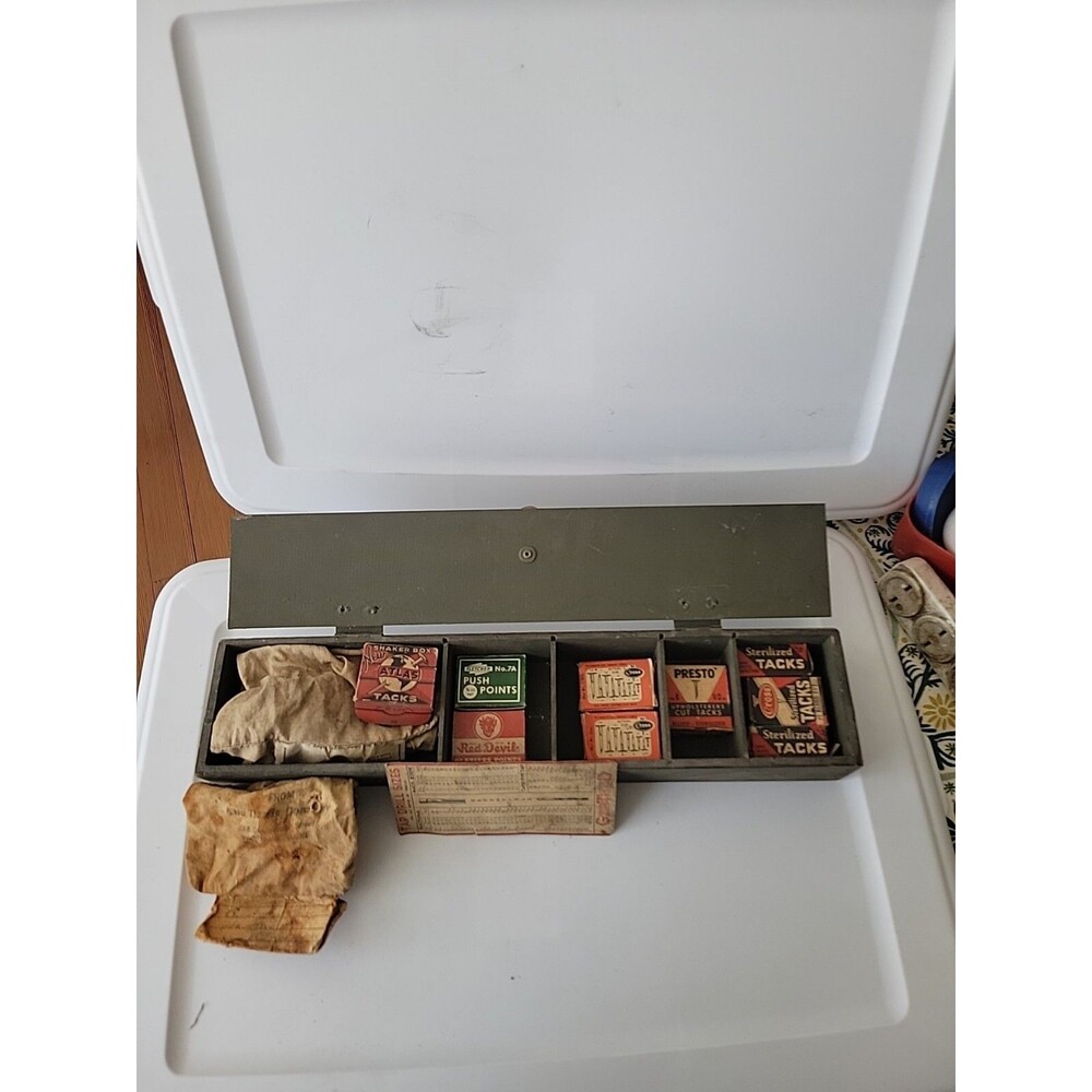 Vintage Wooden Box With Leather Handle and Boxes - Tacks, Points: Atlas, Presto